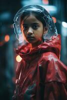 ein jung Mädchen tragen ein rot Regenjacke und ein Helm generativ ai foto