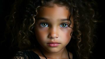 ein jung Mädchen mit lockig Haar und Grün Augen generativ ai foto