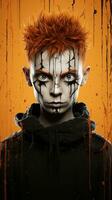 ein jung Mann mit Orange Haar und Farbe auf seine Gesicht generativ ai foto