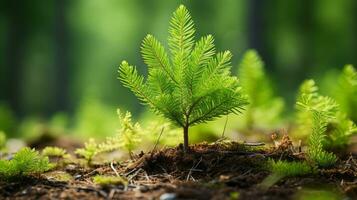 ein jung Baum sprießen von das Boden im das Wald generativ ai foto