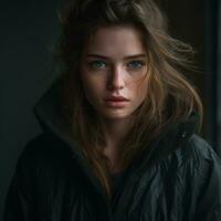 ein jung Frau mit Blau Augen im ein schwarz Jacke generativ ai foto