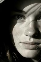 ein jung Frau mit Sommersprossen auf ihr Gesicht generativ ai foto
