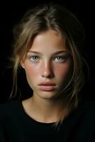 ein jung Frau mit Grün Augen und blond Haar generativ ai foto
