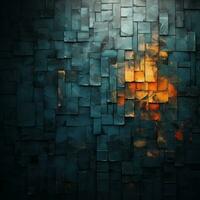 abstrakt Blau und Orange Backstein Mauer mit ein Feuer im das Mitte generativ ai foto