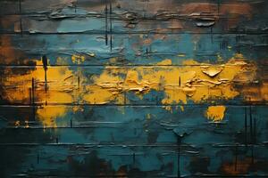ein abstrakt Gemälde von Blau und Gelb Farbe auf ein hölzern Mauer generativ ai foto