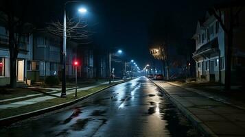 ein leeren Straße beim Nacht mit Straße Beleuchtung generativ ai foto