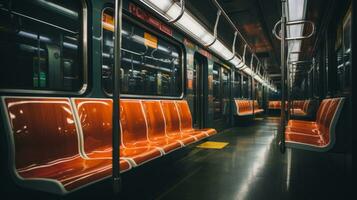 ein leeren U-Bahn Auto mit Orange Sitze generativ ai foto