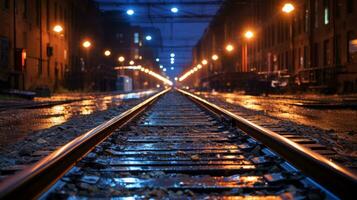 ein leeren Eisenbahn Spur im das Mitte von das Nacht generativ ai foto