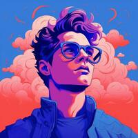 ein Illustration von ein Mann mit Brille und ein Wolke Hintergrund generativ ai foto