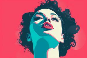 ein Illustration von ein Frau mit lockig Haar und rot Lippen generativ ai foto