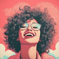 ein Illustration von ein Frau mit lockig Haar und Brille generativ ai foto