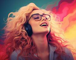 ein Illustration von ein Frau mit Brille und Kopfhörer Hören zu Musik- generativ ai foto