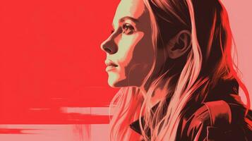 ein Illustration von ein Frau mit lange Haar und ein rot Hintergrund generativ ai foto
