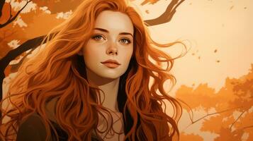 ein Illustration von ein Frau mit lange rot Haar generativ ai foto