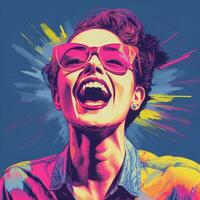 ein Illustration von ein Frau mit Sonnenbrille und ein öffnen Mund generativ ai foto