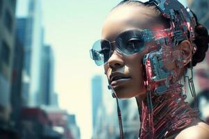 ein Bild von ein Frau mit futuristisch bilden und Brille generativ ai foto
