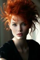 ein Bild von ein Frau mit rot Haar generativ ai foto