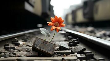 ein Orange Blume sitzt auf oben von ein Zug Spur generativ ai foto