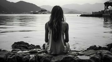 schwarz und Weiß Foto von ein Frau Sitzung auf Felsen durch das Wasser generativ ai