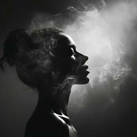 schwarz und Weiß Foto von ein Frau mit Rauch Kommen aus von ihr Mund generativ ai