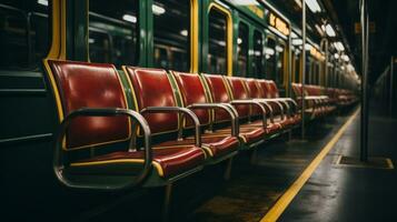leeren Sitze auf ein U-Bahn Zug generativ ai foto