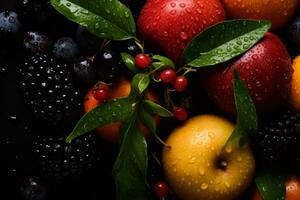 frisch Früchte mit Wasser Tropfen auf schwarz Hintergrund Lager Foto generativ ai