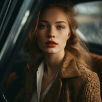 Porträt von ein schön Frau im ein Auto generativ ai foto