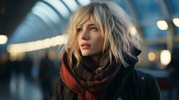 Porträt von ein schön jung Frau im ein Zug Bahnhof beim Nacht generativ ai foto