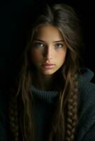 Porträt von ein schön jung Frau mit lange Zöpfe generativ ai foto