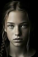 Porträt von ein jung Mädchen mit Sommersprossen auf ihr Gesicht generativ ai foto