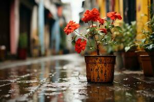 rot Blumen im ein Topf auf ein regnerisch Straße generativ ai foto