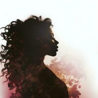 Silhouette von ein Frau mit lockig Haar und Blumen generativ ai foto