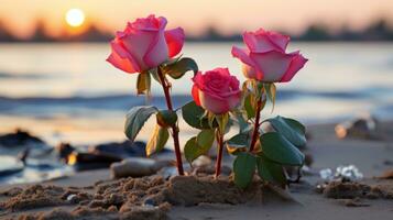 drei Rosa Rosen sind wachsend aus von das Sand auf das Strand generativ ai foto