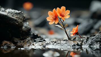 zwei Orange Blumen im ein Pfütze von Wasser generativ ai foto