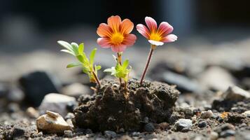 zwei klein Blumen wachsend aus von ein Loch im das Boden generativ ai foto