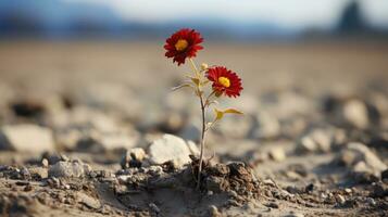zwei rot Blumen wachsend aus von das Boden im ein unfruchtbar Feld generativ ai foto