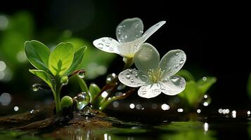 zwei Weiß Blumen im das Wasser mit Wasser Tröpfchen auf Sie generativ ai foto