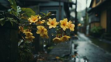 Gelb Blumen im das Regen generativ ai foto