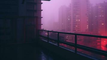 ein Balkon mit ein Aussicht von ein Stadt beim Nacht generativ ai foto