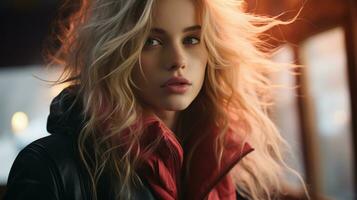 ein schön blond Frau im ein schwarz Jacke und rot Schal generativ ai foto