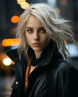 ein schön blond Frau im ein schwarz Leder Jacke generativ ai foto