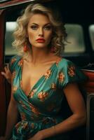 ein schön blond Frau im ein Blumen- Kleid Sitzung im das zurück Sitz von ein alt Auto generativ ai foto
