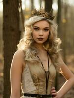 ein schön blond Frau tragen ein Krone im das Wald generativ ai foto