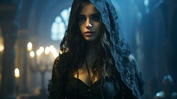 ein schön Frau im ein gotisch Kleid Stehen im ein dunkel Zimmer generativ ai foto