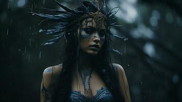 ein schön Frau im das Regen mit Gefieder auf ihr Kopf generativ ai foto