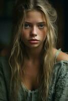 ein schön jung Frau mit lange Haar und Blau Augen generativ ai foto