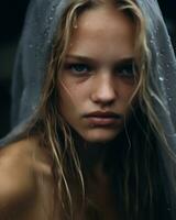 ein schön jung Frau mit nass Haar im das Regen generativ ai foto