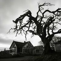 ein schwarz und Weiß Foto von ein tot Baum im Vorderseite von ein Haus generativ ai