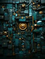 ein Blau und Gold Mauer mit viele anders Objekte auf es generativ ai foto
