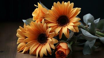 ein Strauß von Sonnenblumen auf ein hölzern Tabelle generativ ai foto
